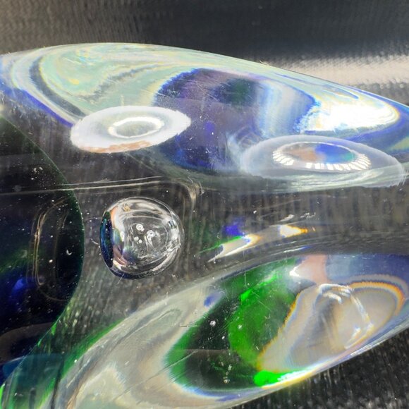 Vintage 1980s Oval Glass Paperweight With Large Bubbles Blue Green Glass Decor - Picture 4 of 11